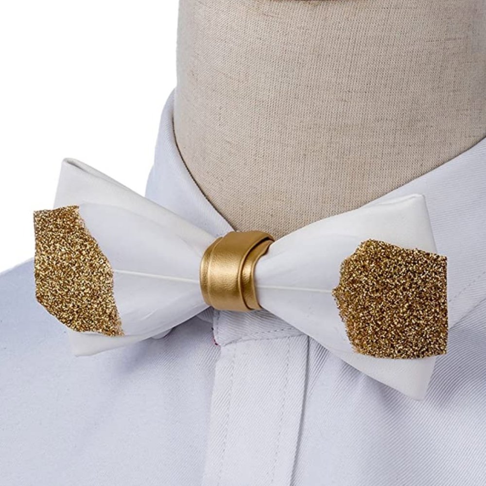 Mens Natural Feather Leather Glitter Bow Tie Gold